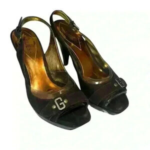 Guess Wgleona Vintage Dark Brown Suede 4” Heels with Back Strap Womens Size 6.5